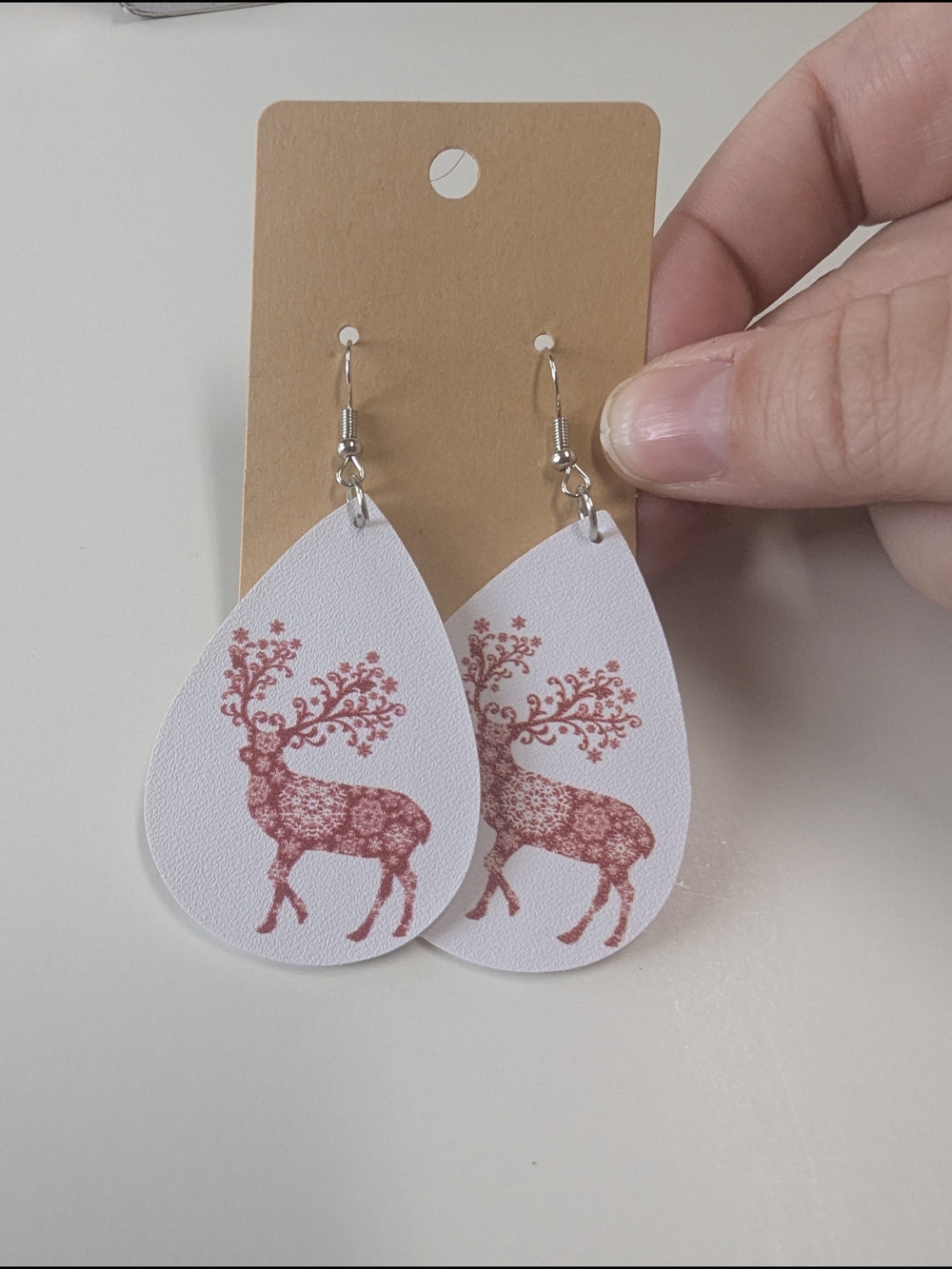 White Teardrop Earrings with Red Floral Reindeer Print NEW
